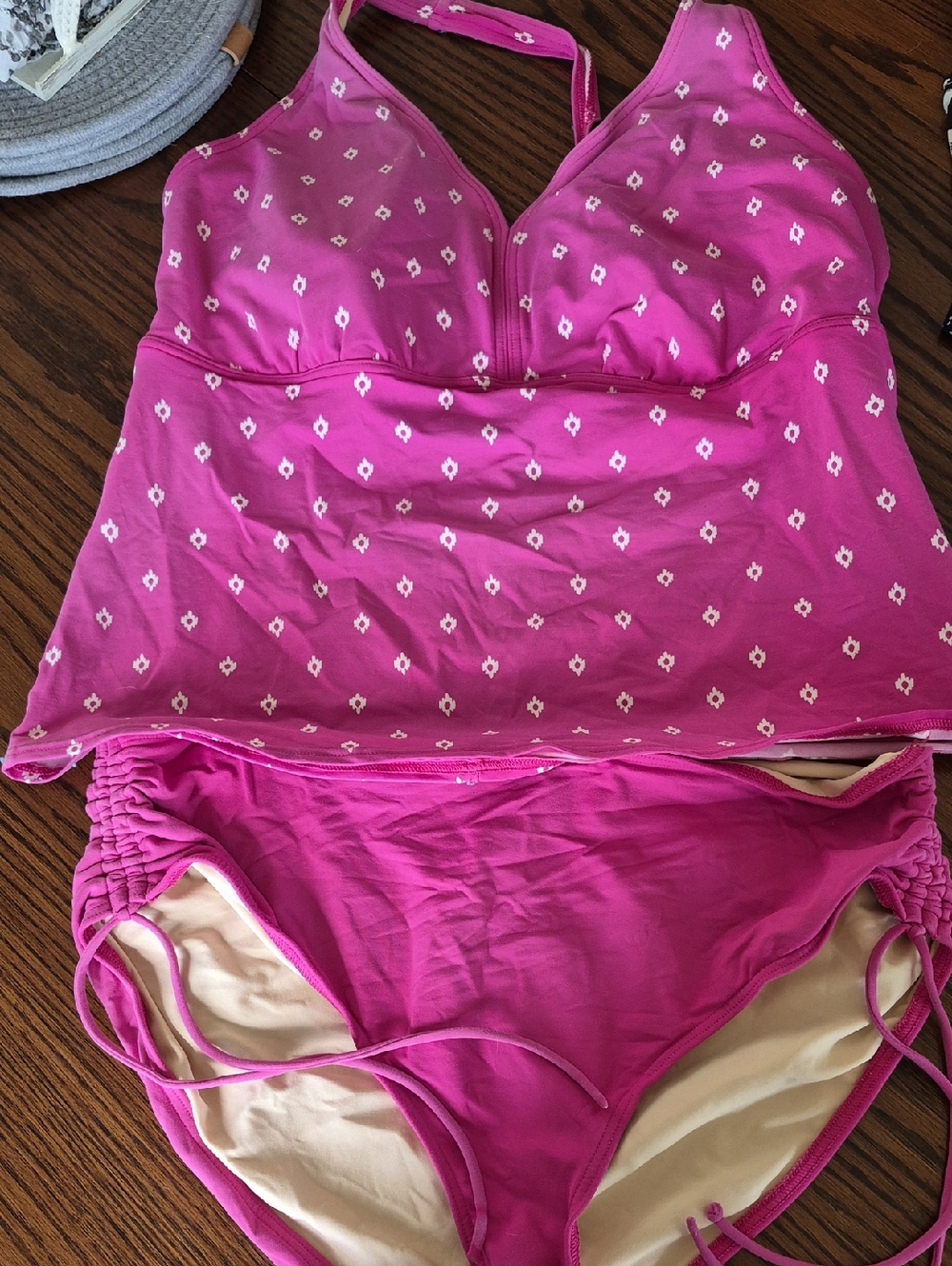 Lands' End Hot Pink Swim Tankini with White Diamond Print